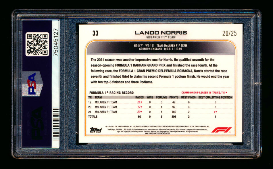 2022 Topps Chrome F1 #33 Lando Norris Orange Wave Refractor Portrait #20/25 PSA 10