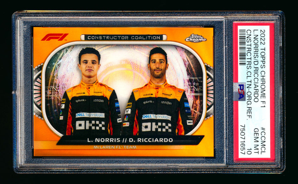 2022 Topps Chrome F1 Constructor Coalition #CC-MCL Lando Norris/Daniel Ricciardo Orange Refractor #05/25 PSA 10