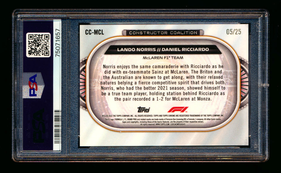 2022 Topps Chrome F1 Constructor Coalition #CC-MCL Lando Norris/Daniel Ricciardo Orange Refractor #05/25 PSA 10