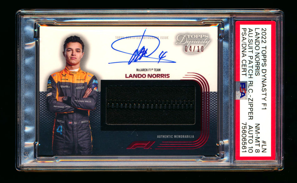 2022 Topps Dynasty F1 #DAF-LN Lando Norris Zipper Patch Autograph #04/10 PSA 8 NM-MT DNA 10 ** (SOLD - $750.00 - 2/21/2025) **