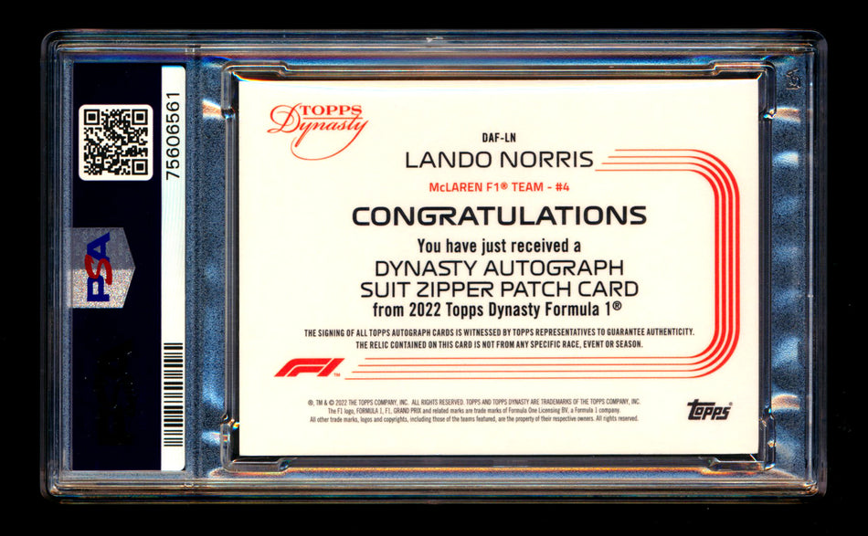 2022 Topps Dynasty F1 #DAF-LN Lando Norris Zipper Patch Autograph #04/10 PSA 8 NM-MT DNA 10 ** (SOLD - $750.00 - 2/21/2025) **