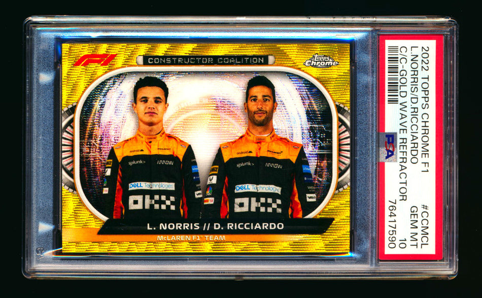 2022 Topps Chrome F1 Constructor Coalition #CC-MCL Lando Norris/Daniel Ricciardo Gold Wave Refractor #05/50 PSA 10