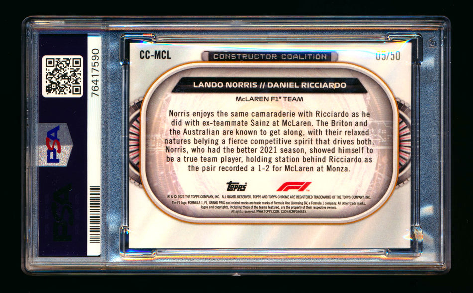 2022 Topps Chrome F1 Constructor Coalition #CC-MCL Lando Norris/Daniel Ricciardo Gold Wave Refractor #05/50 PSA 10