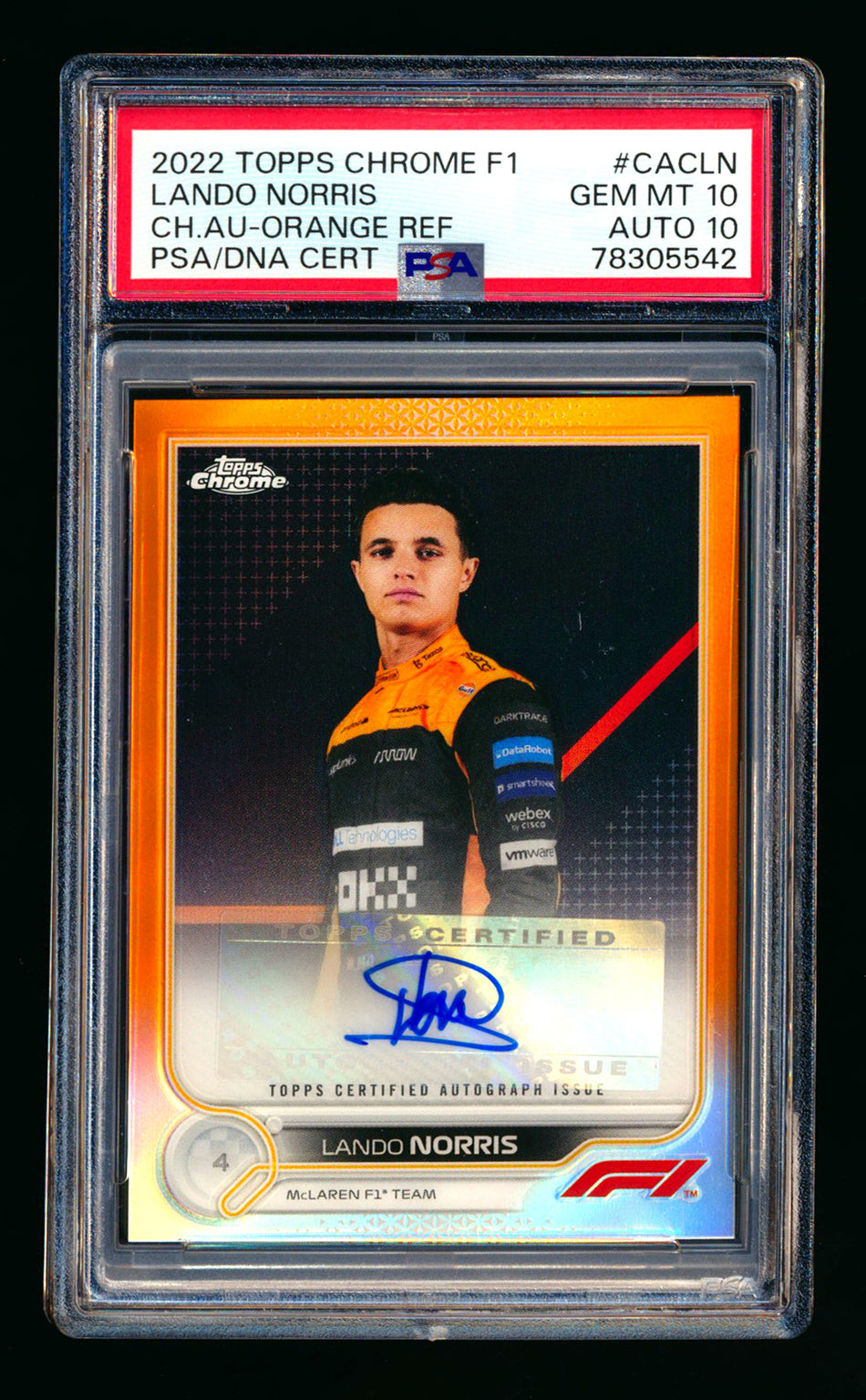 2022 Topps Chrome F1 #CAC-LN Lando Norris Orange Refractor Autograph #04/25 PSA 10 DNA 10 (Car Number #4)