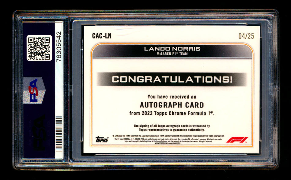2022 Topps Chrome F1 #CAC-LN Lando Norris Orange Refractor Autograph #04/25 PSA 10 DNA 10 (Car Number #4)