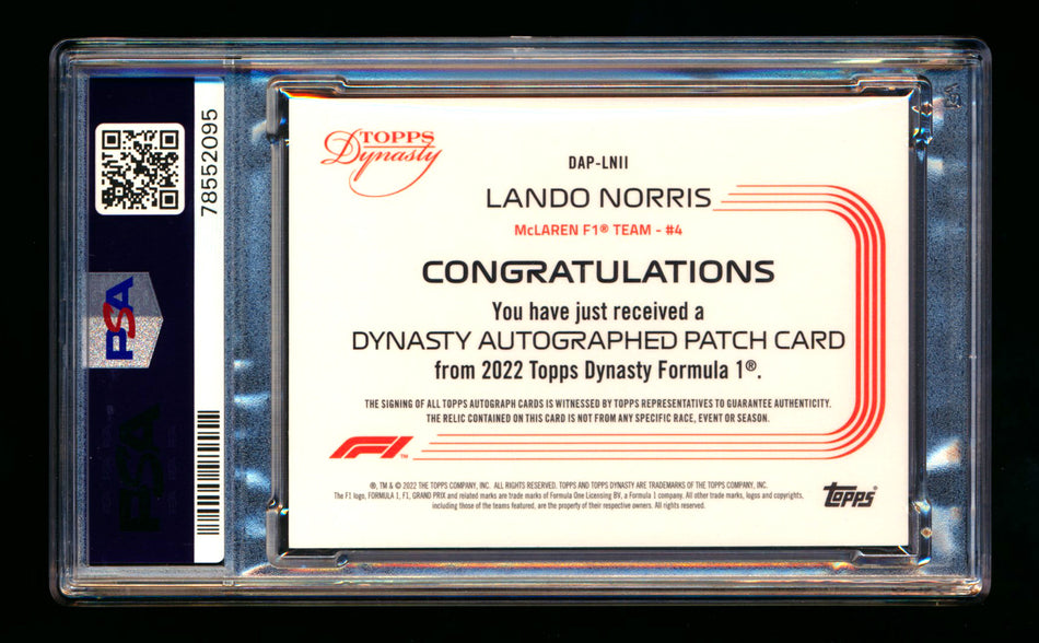 2022 Topps Dynasty F1 #DAP-LNII Lando Norris Patch Autograph #03/10 PSA 9 Mint ** (SOLD eBay - $750.00 - 3/16/2025) **