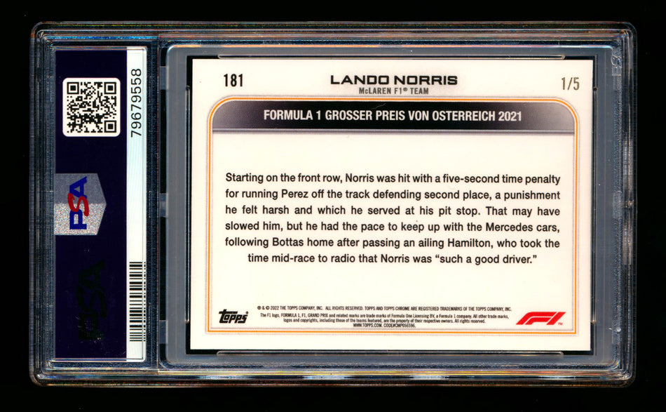 2022 Topps Chrome F1 #181 Lando Norris Red Raywave Refractor #1/5 PSA 9 (First #!)