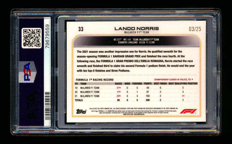 2022 Topps Chrome F1 #33 Lando Norris Orange Wave Refractor Portrait #03/25 PSA 10