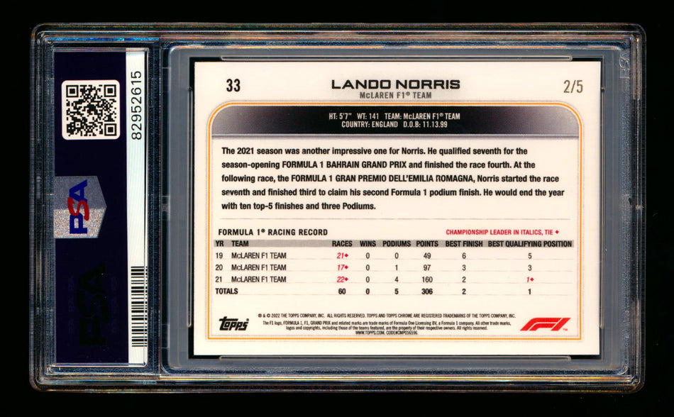 2022 Topps Chrome F1 #33 Lando Norris Red Refractor Portrait #2/5 PSA 10 - POP 1! ** (SOLD eBay - $1,095.00 - 9/19/2025) **
