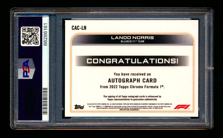 2022 Topps Chrome F1 #CAC-LN Lando Norris Refractor Autograph PSA 10 DNA 10 ** (SOLD - $479.00 - 12/15/2024) **