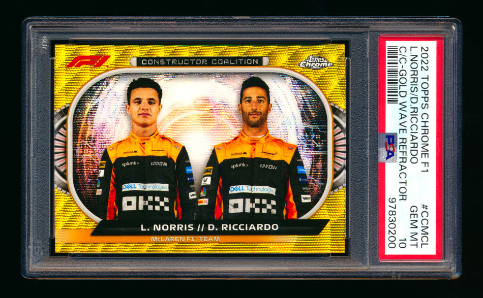 2022 Topps Chrome F1 Constructor Coalition #CC-MCL Lando Norris/Daniel Ricciardo Gold Wave Refractor #43/50 PSA 10 ** (SOLD eBay - $95.00 - 1/17/2025) **