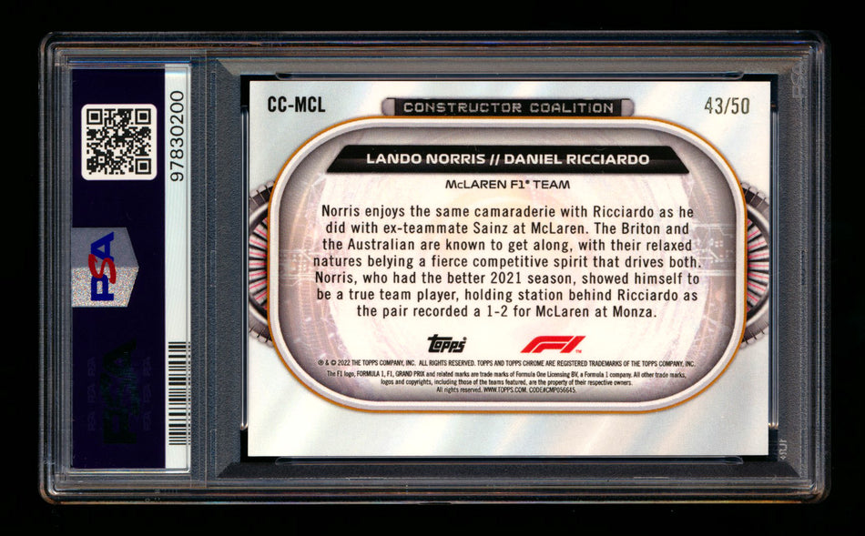 2022 Topps Chrome F1 Constructor Coalition #CC-MCL Lando Norris/Daniel Ricciardo Gold Wave Refractor #43/50 PSA 10 ** (SOLD eBay - $95.00 - 1/17/2025) **