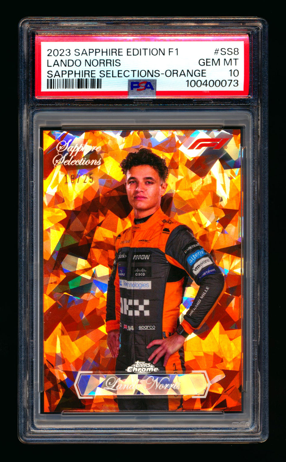 2023 Topps Chrome F1 Sapphire Selections #SS-8 Lando Norris Orange Refractor #18/25 PSA 10