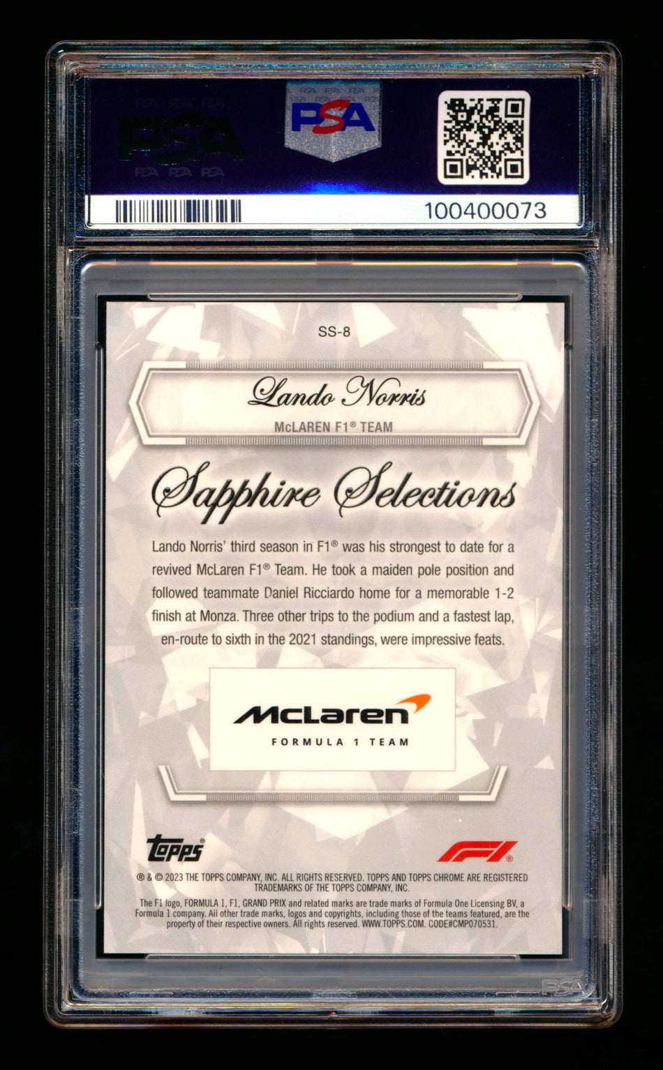 2023 Topps Chrome F1 Sapphire Selections #SS-8 Lando Norris Orange Refractor #18/25 PSA 10