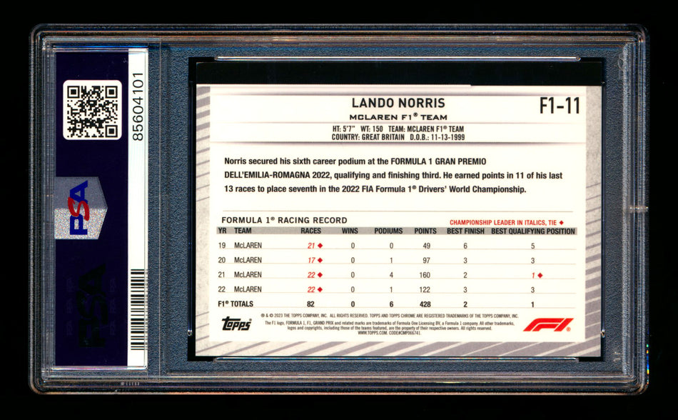 2023 Topps Chrome NSCC F1 #F1-11 Lando Norris Orange Refractor #14/25 PSA 8 ** (SOLD - $109.00 - 8/26/2025) **