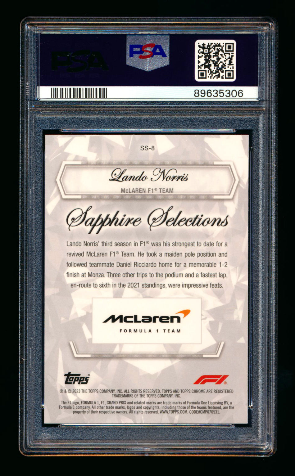 2023 Topps Chrome F1 Sapphire Selections #SS-8 Lando Norris Refractor PSA 10 ** (SOLD - $249.00 - 12/6/2024) **