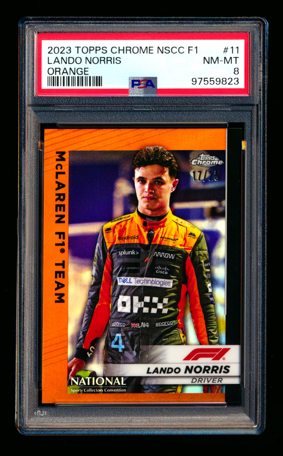 2023 Topps Chrome NSCC F1 #F1-11 Lando Norris Orange Refractor #17/25 PSA 8