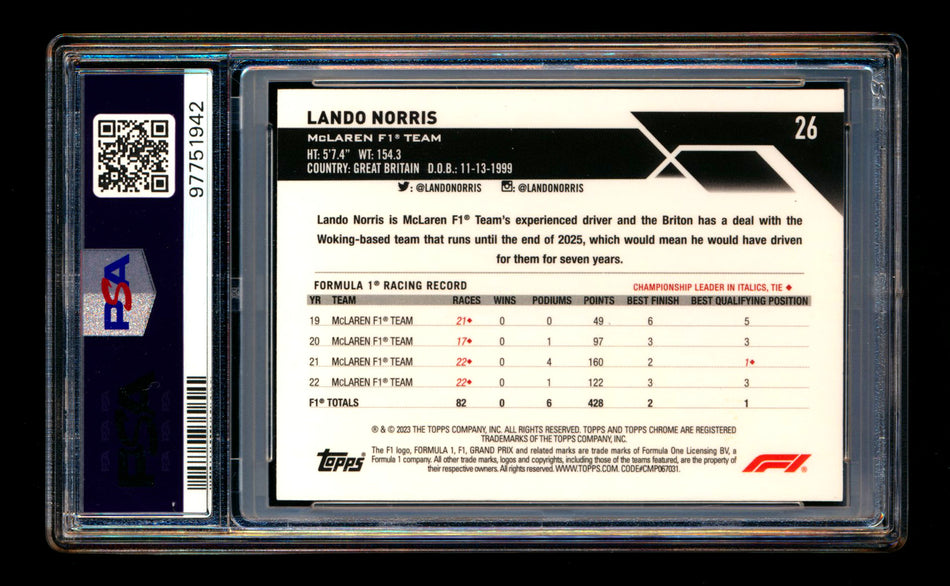 2023 Topps Chrome Sapphire F1 #26 Lando Norris Aqua Refractor #33/99 PSA 10 ** (SOLD - $45.00 - 1/3/2025) **
