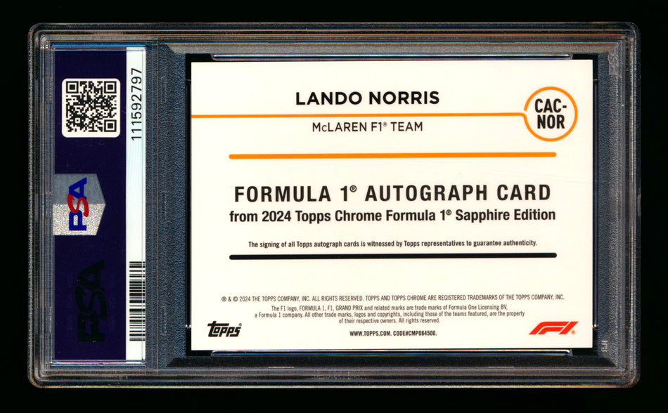 2024 Topps Chrome Sapphire F1 #CAC-NOR Lando Norris Refractor Autograph PSA 10 DNA 10 ** (SOLD eBay - $1,249.00 - 12/7/2025) **