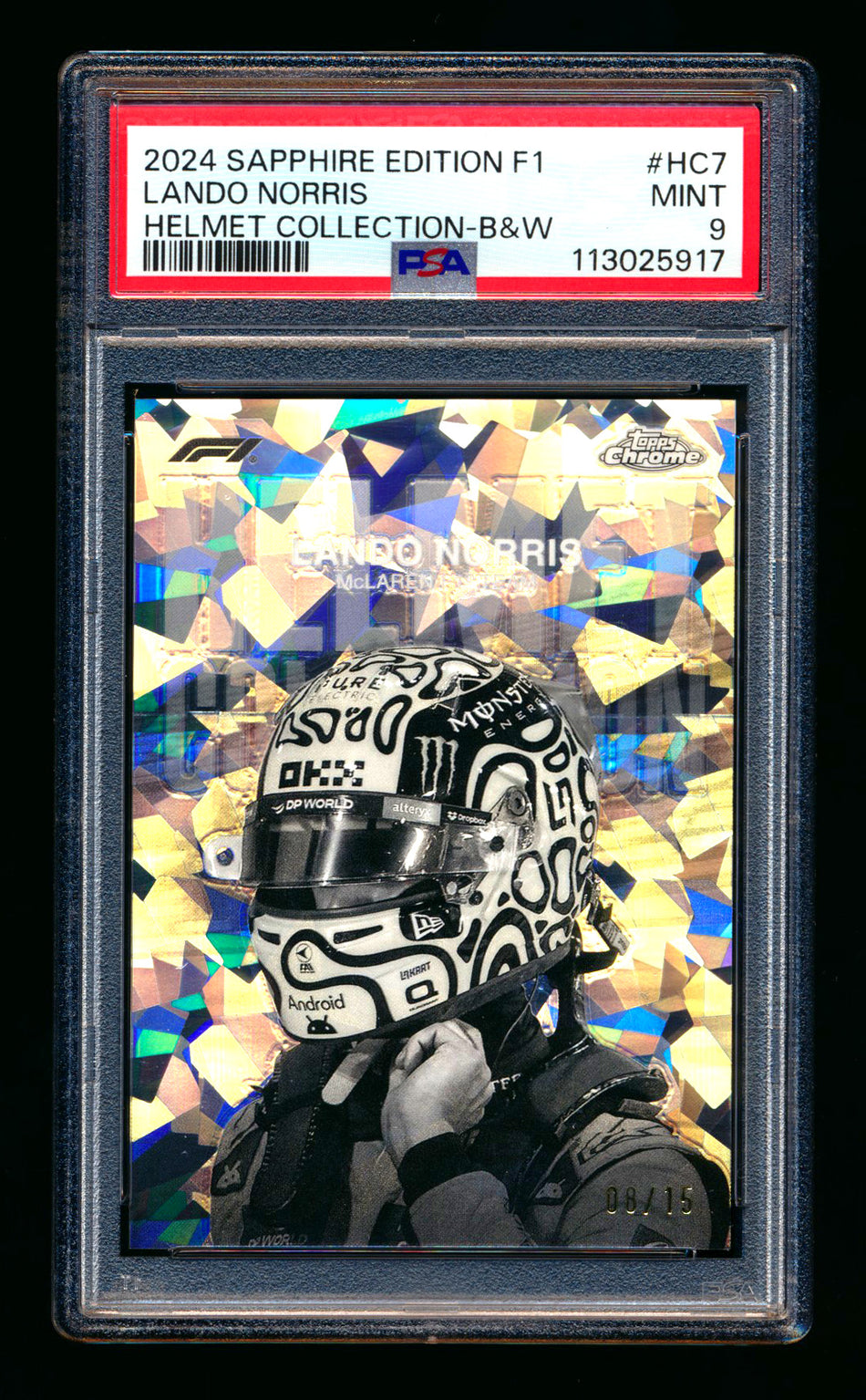 2024 Topps Chrome Sapphire F1 Helmet Collection #HC-7 Lando Norris Black & White Refractor #08/15 PSA 9 ** (SOLD WCCS - $925.00 - 8/23/2025) **