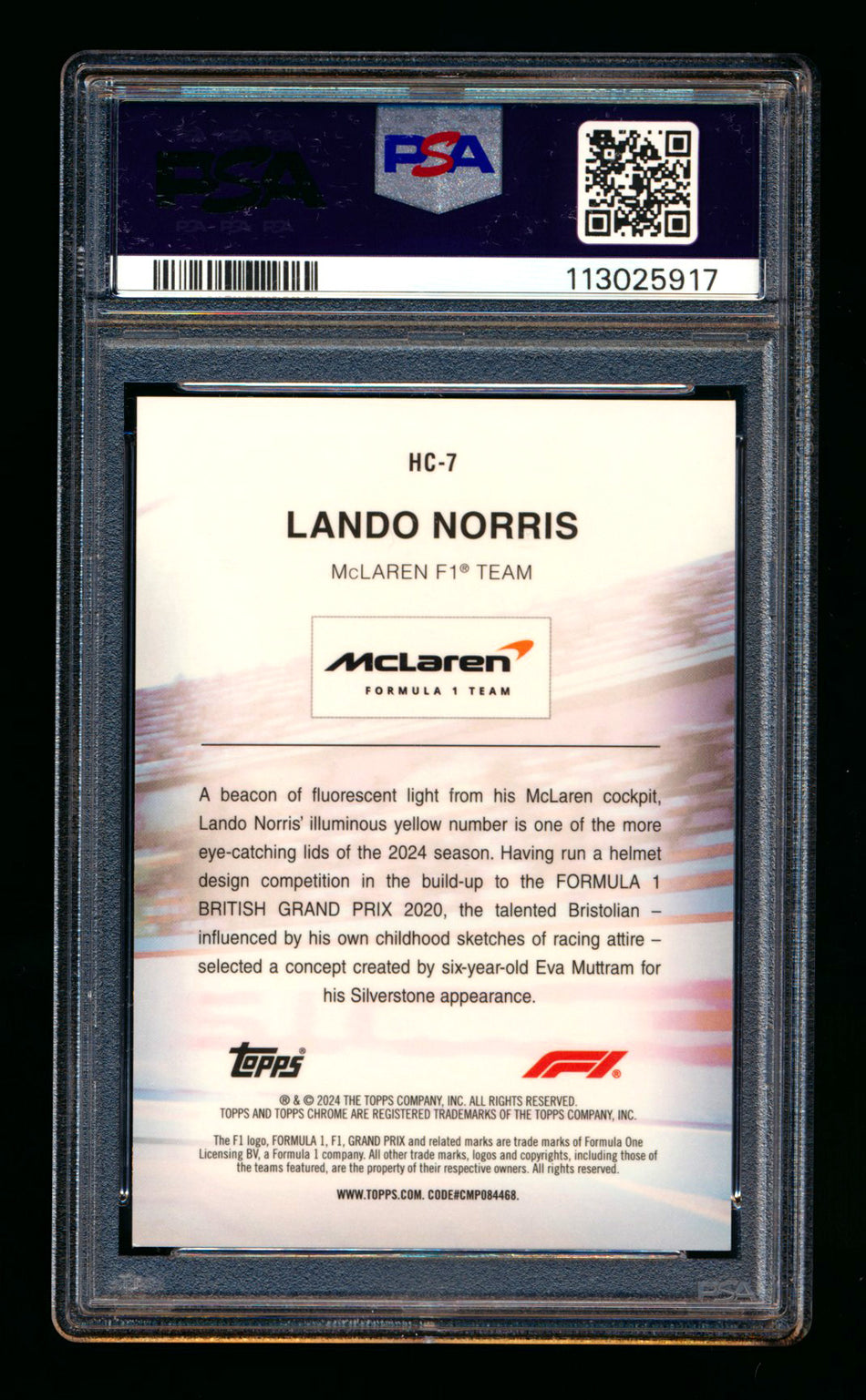 2024 Topps Chrome Sapphire F1 Helmet Collection #HC-7 Lando Norris Black & White Refractor #08/15 PSA 9 ** (SOLD WCCS - $925.00 - 8/23/2025) **