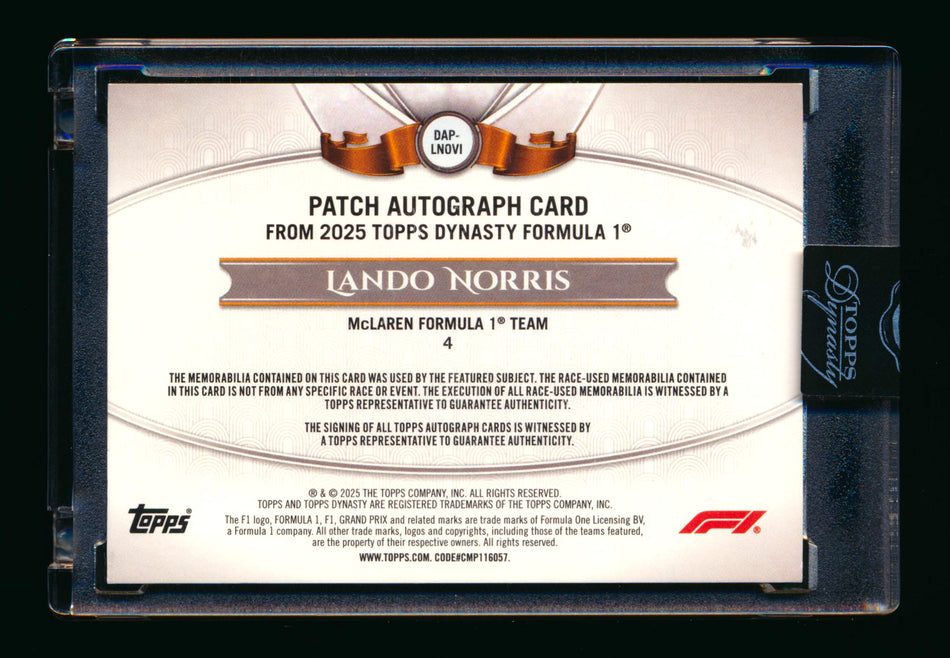 2025 Topps Dynasty F1 #DAP-LNOVI Lando Norris Gold Patch Autograph #1/1