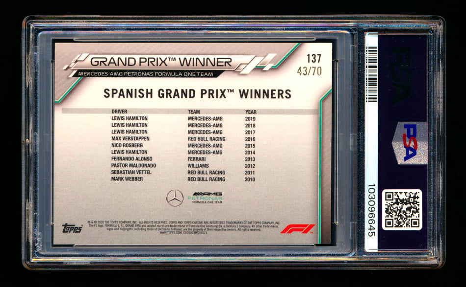 2020 Topps Chrome Sapphire F1 #137 Lewis Hamilton RC 70th Silver Refractor #43/70 PSA 10