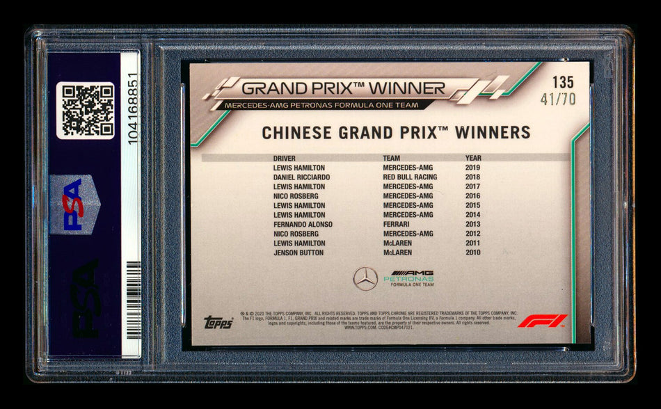 2020 Topps Chrome Sapphire F1 #135 Lewis Hamilton RC 70th Silver Refractor #41/70 PSA 9