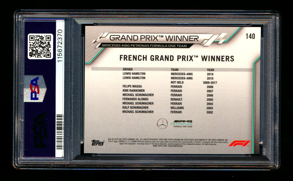 2020 Topps Chrome F1 #140 Lewis Hamilton RC 70th Anniversary Gold Refractor PSA 10 ** (SOLD - $200.00 - 10/24/2025) **