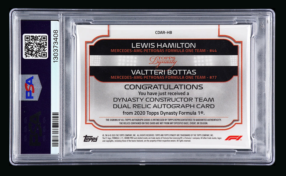 2020 Topps Dynasty F1 #CDAR-HB Lewis Hamilton/Valtteri Bottas RC ROOKIE Red Dual Patch Autograph #2/5 PSA 10 Gem Mint - POP 1!