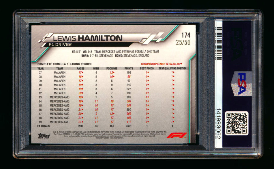 2020 Topps Chrome Sapphire F1 #174 Lewis Hamilton RC Gold Refractor #25/50 PSA 10