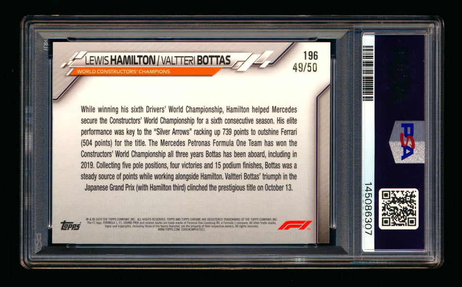 2020 Topps Chrome Sapphire F1 #196 Lewis Hamilton/Valtteri Bottas RC Gold Refractor #49/50 PSA 9