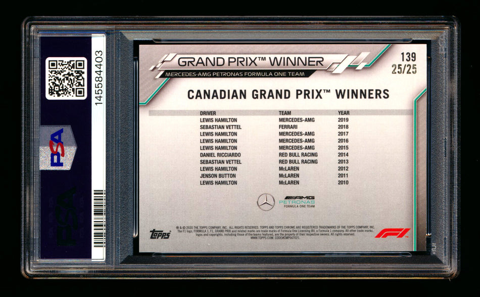 2020 Topps Chrome Sapphire F1 #139 Lewis Hamilton RC Orange Refractor #25/25 PSA 7 (Last #!) ** (SOLD eBay - $295.00 - 5/4/2026) **