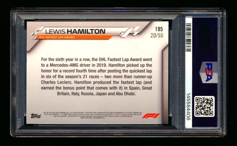2020 Topps Chrome Sapphire F1 #195 Lewis Hamilton RC Gold Refractor #20/50 PSA 7 ** (SOLD eBay - $195.00 - 4/30/2026) **