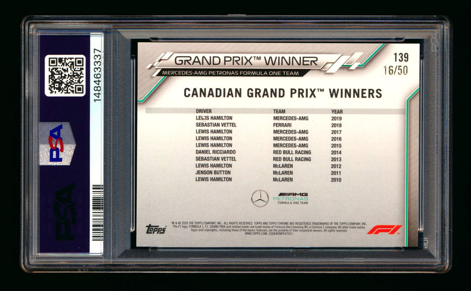 2020 Topps Chrome Sapphire F1 #139 Lewis Hamilton RC Gold Refractor #16/50 PSA 8