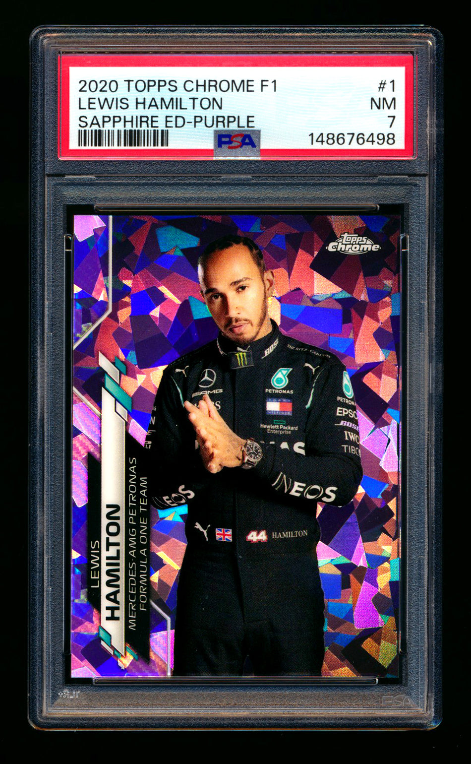 2020 Topps Chrome Sapphire F1 #1 Lewis Hamilton RC Purple Refractor Portrait #05/10 PSA 7