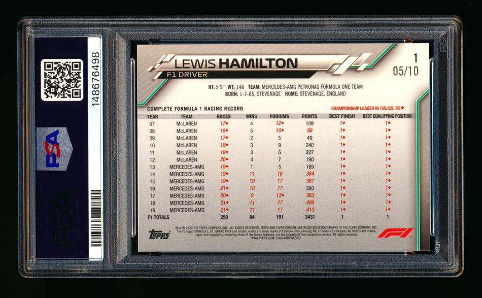2020 Topps Chrome Sapphire F1 #1 Lewis Hamilton RC Purple Refractor Portrait #05/10 PSA 7