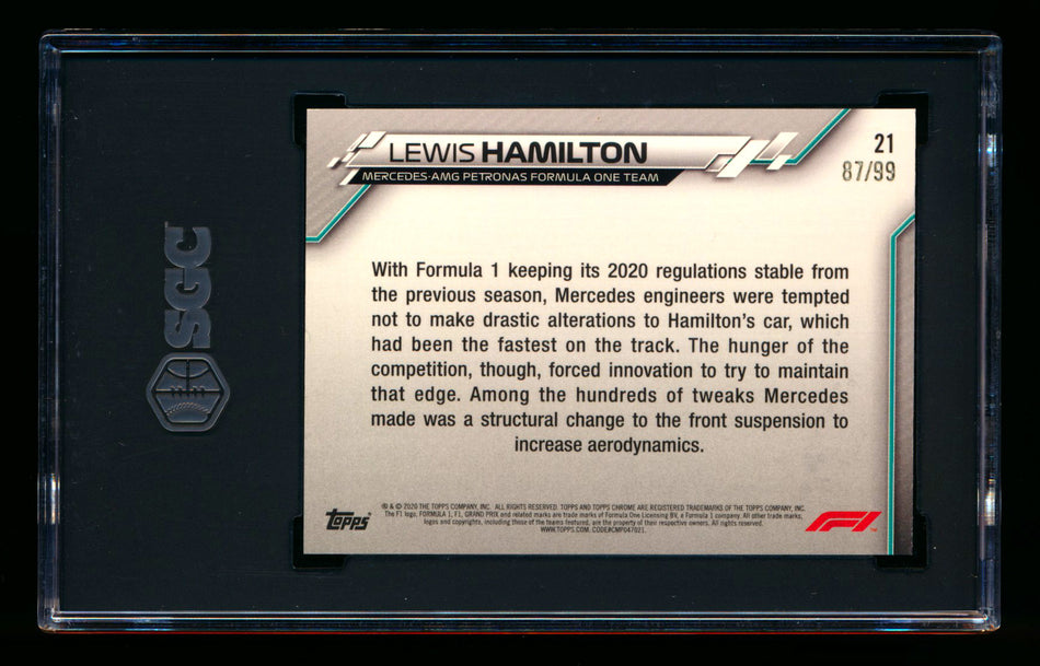 2021 Topps Chrome Sapphire F1 #21 Lewis Hamilton RC Aqua Refractor #87/99 SGC 9