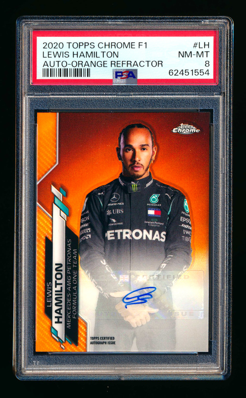 2020 Topps Chrome F1 #F1A-LH Lewis Hamilton RC Orange Refractor Autograph #12/25 PSA 8