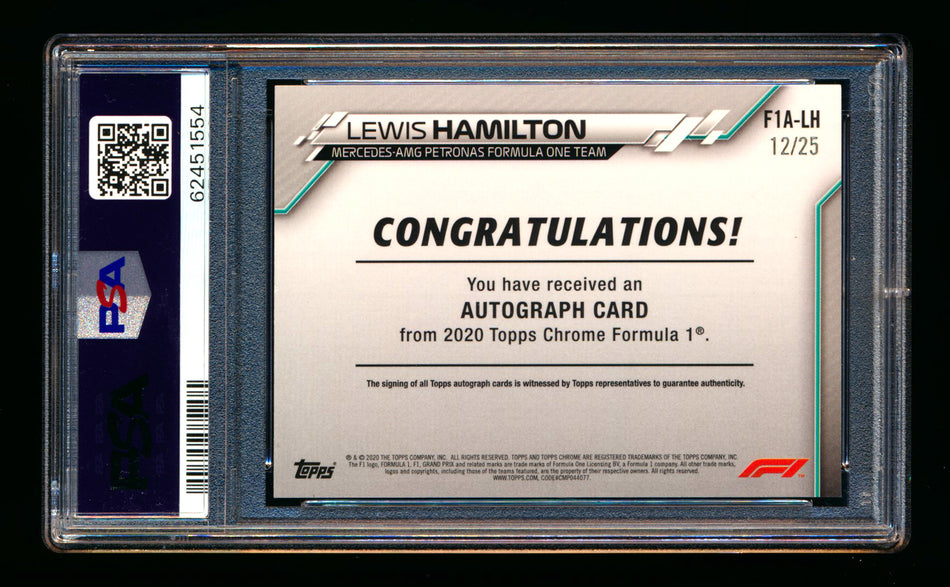 2020 Topps Chrome F1 #F1A-LH Lewis Hamilton RC Orange Refractor Autograph #12/25 PSA 8