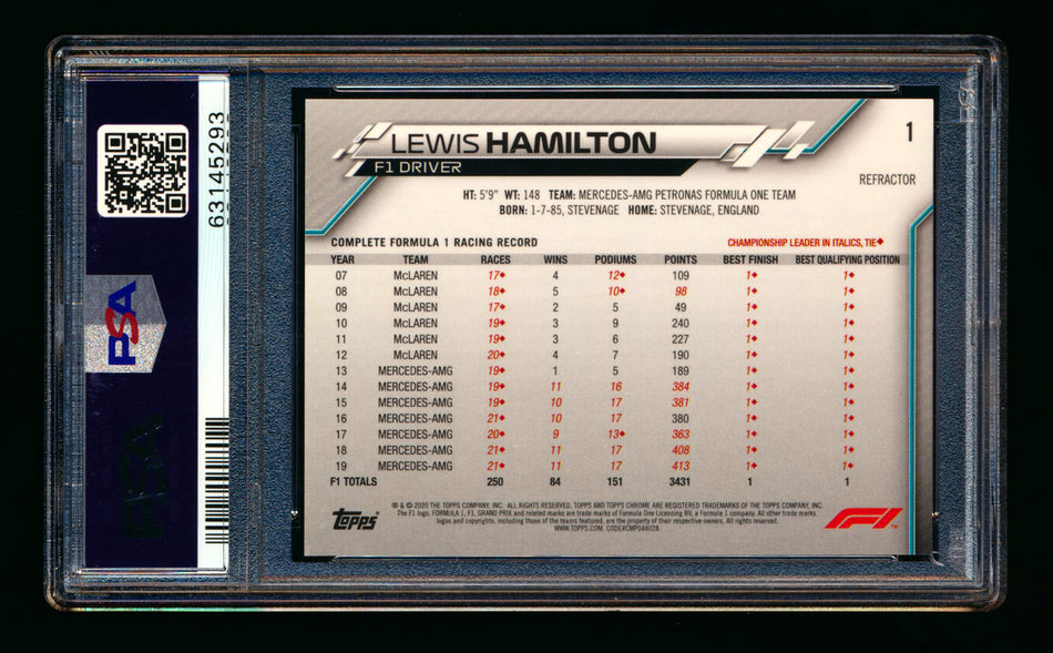 2020 Topps Chrome F1 #1 Lewis Hamilton RC Refractor Portrait PSA 9