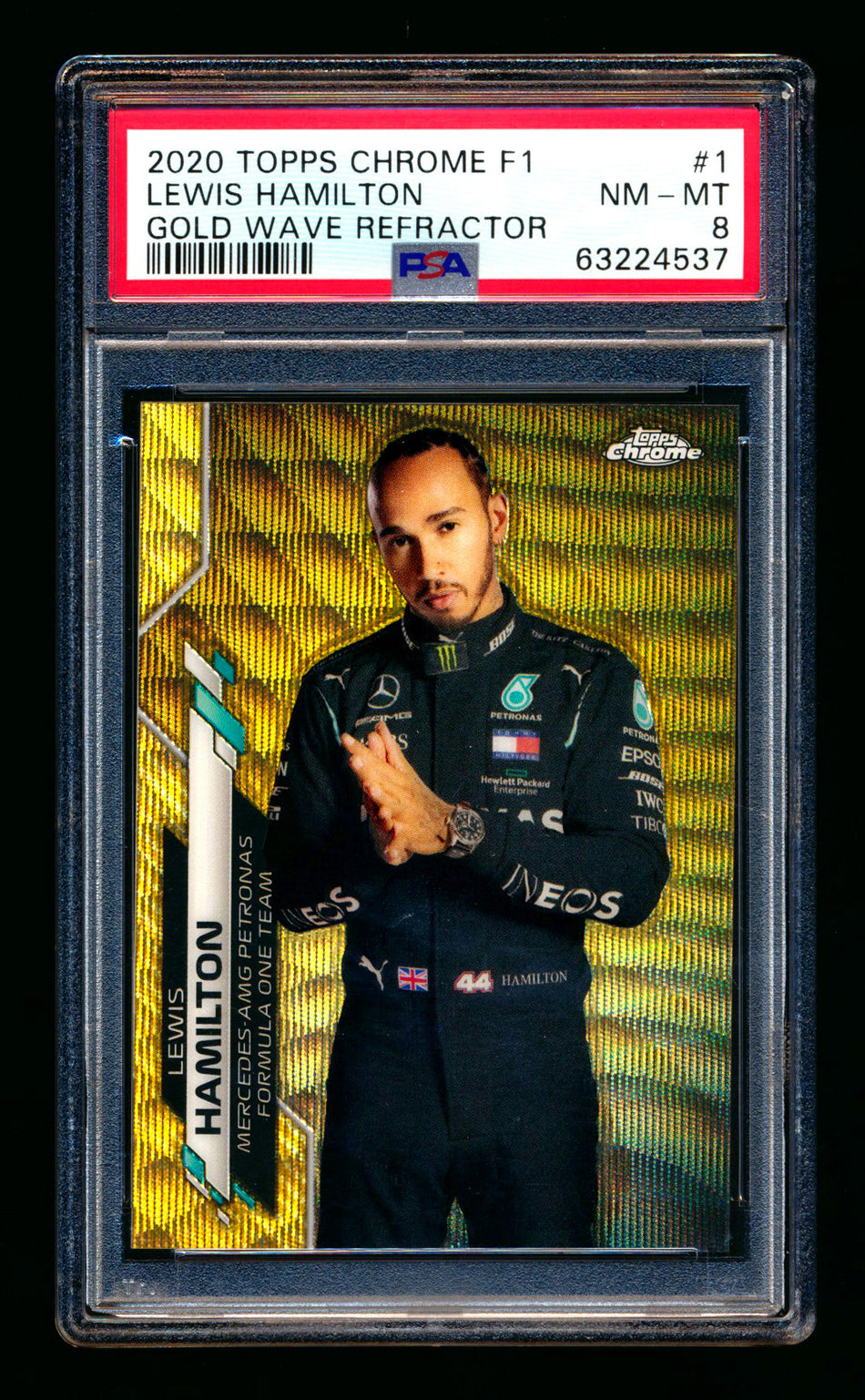 2020 Topps Chrome F1 #1 Lewis Hamilton RC Gold Wave Refractor Portrait #11/50 PSA 8