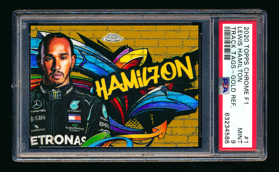 2020 Topps Chrome F1 Track Tags #TT-1 Lewis "Hamil7on" Hamilton RC Gold Refractor #43/50 PSA 9 ** (SOLD - $3,950.00 - 8/30/2025) **