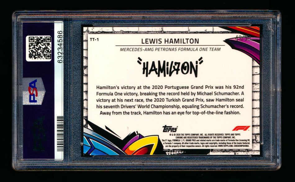 2020 Topps Chrome F1 Track Tags #TT-1 Lewis "Hamil7on" Hamilton RC Gold Refractor #43/50 PSA 9 ** (SOLD - $3,950.00 - 8/30/2025) **