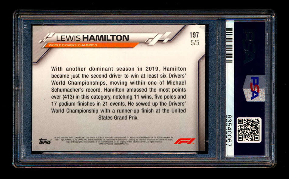 2020 Topps Chrome Sapphire F1 #197 Lewis Hamilton RC Red Refractor #5/5 PSA 9 ** (SOLD - $1,950.00 - 12/10/2024) **