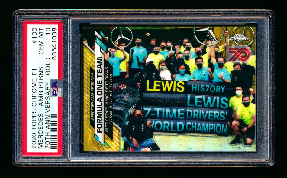2020 Topps Chrome F1 #100 Mercedes-AMG Petronas/Lewis Hamilton RC 70th Anniversary Gold Refractor PSA 10