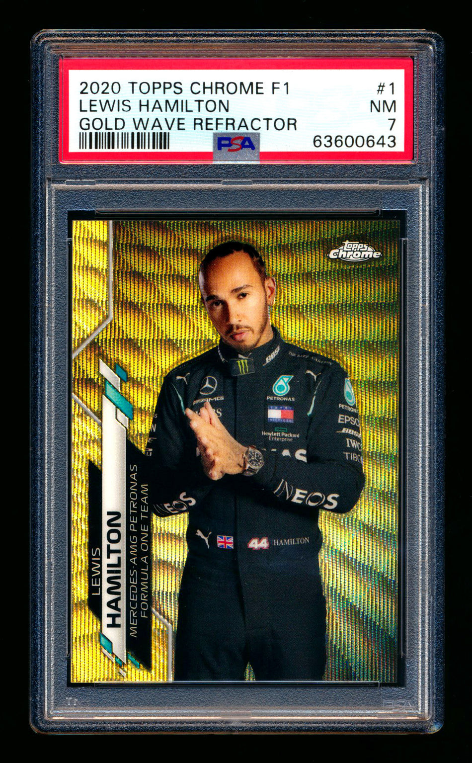 2020 Topps Chrome F1 #1 Lewis Hamilton RC Gold Wave Refractor Portrait #19/50 PSA 7 ** (SOLD eBay - $3,000.00 - 1/29/2026) **