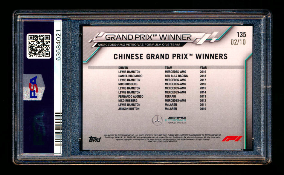 2020 Topps Chrome Sapphire F1 #135 Lewis Hamilton RC Purple Refractor #02/10 PSA 8 ** (SOLD - $450.00 - 1/6/2025) **