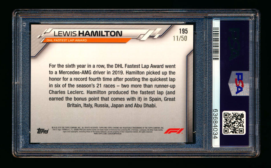 2020 Topps Chrome F1 #195 Lewis Hamilton RC Gold Wave Refractor #11/50 PSA 8