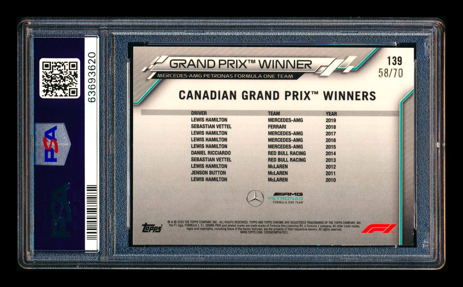 2020 Topps Chrome Sapphire F1 #139 Lewis Hamilton RC 70th Silver Refractor #58/70 PSA 9